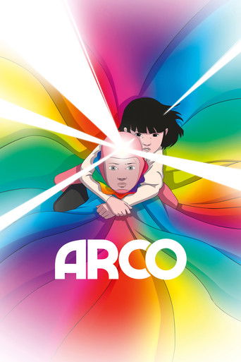 The poster features two anime-style characters against a vibrant rainbow background, exuding a playful and energetic mood. The bold "ARCO" text anchors the composition, emphasizing the film's title.