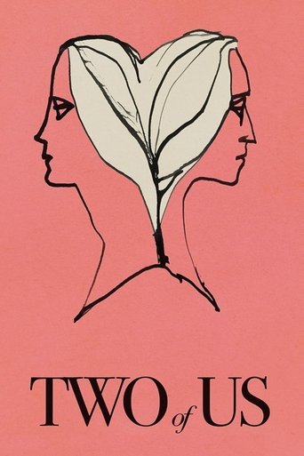 The poster features two silhouetted profiles of people whose heads are shaped like a heart, set against a soft pink background. The text "TWO of US" appears below in bold, black letters. The design conveys a sense of unity and connection between individuals.