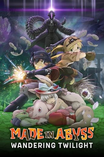 The poster features a dramatic scene with a young girl wielding a glowing weapon, surrounded by floating creatures and a mysterious, shadowy figure in the background. The vibrant colors of the girl's outfit contrast with the dark, eerie atmosphere. The title "Made in Abyss: Wandering Twilight" is...
