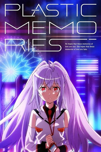 The poster features a young girl with long purple hair and a futuristic outfit against a vibrant, neon-lit background. The mood is mysterious and dreamlike, with glowing lights and a sense of otherworldly wonder. The title "Plastic Memories" is prominently displayed in bold, futuristic typography.