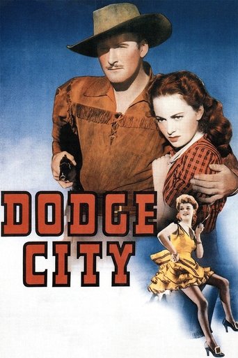 The poster features a rugged cowboy man and a glamorous woman in a checkered dress, set against a vibrant blue sky. The bold red "DODGE CITY" text dominates the lower section, evoking a classic Western theme with its bold, eye-catching colors. The overall mood suggests a thrilling adventure story.