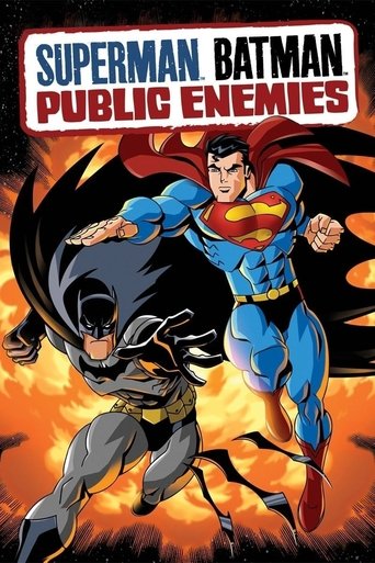 The poster features Superman and Batman in dynamic poses against a fiery backdrop. Superman wears his iconic blue suit with red cape, while Batman is in his classic black suit with a flowing cape. The vibrant colors and dramatic action suggest a high-stakes superhero showdown.