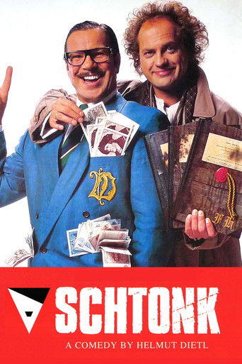 The poster features two men in a comedic pose, one in a blue suit and the other in a brown jacket. The red background with the white "SCHTONK" title and the playful "A COMEDY BY HELMUT DIETL" tagline convey a lighthearted and humorous tone.
