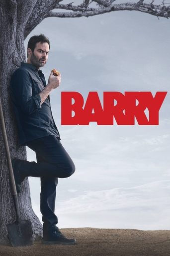 A man leans against a tree, holding a sandwich, with the bold red "BARRY" logo dominating the frame. The mood is casual yet mysterious, suggesting a slice-of-life drama with underlying tension.