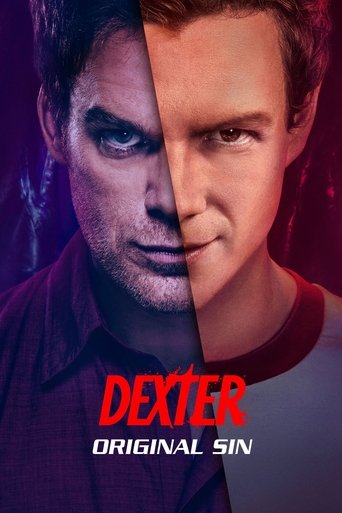 The poster features a split portrait of Dexter Morgan, with one side in deep red and the other in purple, creating a dramatic and intense atmosphere. The bold red title "DEXTER" stands out against the muted background, emphasizing the show's gritty and suspenseful tone.