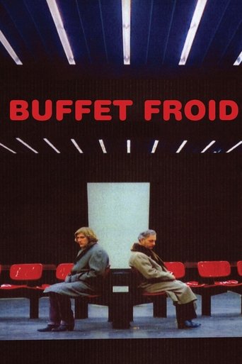 The poster features two men in dimly lit theater seats, evoking a somber mood. Red and white dominate the design, with bold red text reading "BUFFET FROID." The stark contrast between the warm reds and cool whites creates a visually striking and emotionally charged image.