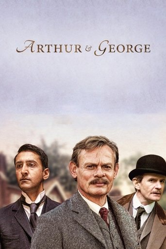 The poster features three men in period attire against a muted, pastoral backdrop. The central figure, Arthur, exudes authority with his stern expression and formal suit, while George on the right adds a touch of whimsy with his bowler hat. The muted earth tones and soft lighting evoke a sense of...