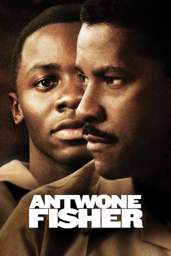 The poster features two men in close-up, with one looking slightly away while the other gazes forward. The warm, sepia-toned lighting creates a somber, reflective mood. Bold white text at the bottom reads "ANTWONE FISHER," emphasizing the film's title.