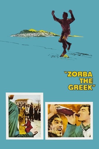 The poster features a dark silhouette of a man in a red outfit performing a daring aerial stunt against a light blue background. Below, two framed scenes depict lively Greek festivals with colorful crowds and traditional attire, evoking a festive, energetic atmosphere. The title "Zorba the Greek"...