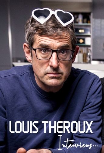 The poster features a man with glasses and heart-shaped sunglasses, wearing a blue shirt. The mood is casual and intimate, suggesting a relaxed interview setting. The text "LOUIS THEROUX" and "Interviews..." emphasizes the show's focus on personal storytelling.