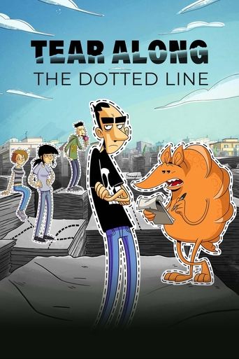 This poster features a cartoon character with sunglasses and a black jacket standing next to a large orange dog. The background shows a cityscape with people walking, suggesting a lively urban setting. The mood is playful and adventurous, with bright colors and a sense of fun.