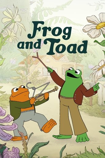 The poster features two animated frogs in a whimsical garden setting. One frog holds a bow and arrow, while the other points forward with a cheerful expression. The vibrant greens, browns, and soft whites create a lively, dreamy atmosphere that suggests a friendly, adventurous story.