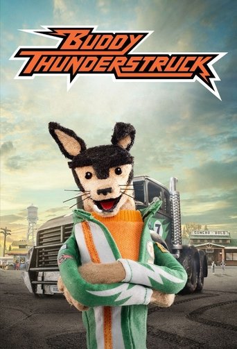 The poster features Buddy the raccoon with his arms crossed, wearing a green and orange tracksuit. In the background, a large truck and a cityscape are visible under a cloudy sky. The title "Buddy Thunderstruck" is prominently displayed at the top in bold, stylized lettering.
