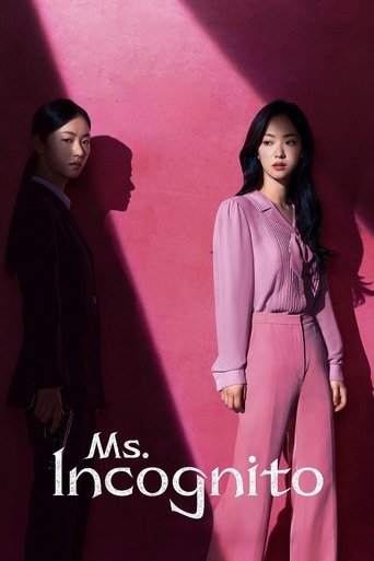 The poster features two women in a striking pink and black color scheme, with one woman in a dark suit and the other in a light pink outfit. The mood is mysterious and elegant, with dramatic lighting casting shadows on the pink wall. The title "Ms. Incognito" is prominently displayed at the botto...
