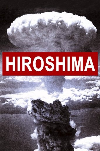 The poster depicts a dramatic scene of nuclear fallout, with a massive mushroom cloud looming over a dark, ash-covered landscape. The stark black-and-white imagery evokes a somber and haunting mood, while the bold red text "HIROSHIMA" stands out against the desolate backdrop.