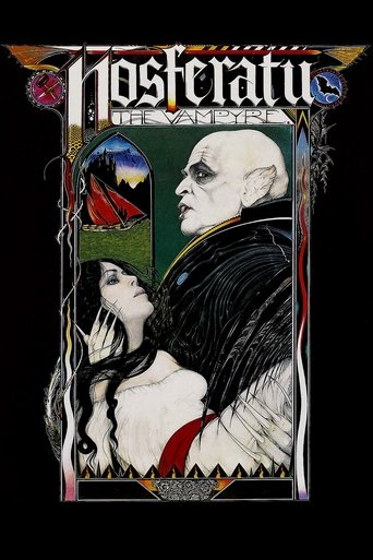 The poster features a hauntingly beautiful scene with a vampire and a woman in a dark, gothic atmosphere. The colors are rich and dramatic, with deep reds and blacks creating a spooky mood. The title "Nosferatu" is prominently displayed in an ornate font, emphasizing the film's dark and mysteriou...