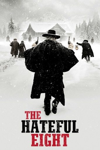 The poster features a lone figure in a black coat and hat walking through a snowy landscape, with other people in the background. The muted tones of white and gray create a somber mood, while the stark red text "THE HATEFUL EIGHT" adds a chilling, ominous tone.