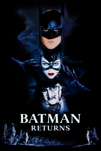 This dark poster features Batman and Catwoman in dramatic poses against a black background, with glowing blue accents. The title "BATMAN RETURNS" is prominently displayed in bold white letters, evoking a mysterious and intense mood.
