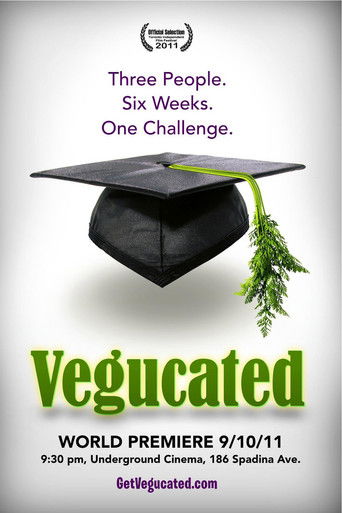 The poster features a graduation cap with green leaves, symbolizing academic achievement. The title "Vegucated" is prominently displayed in bold green letters, conveying a sense of transformation. The overall design suggests a narrative about overcoming challenges through teamwork, with the messa...