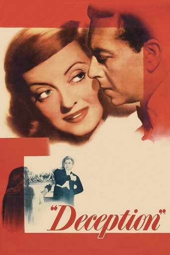 This vintage movie poster features a glamorous woman and a man in a romantic embrace, with the title "Deception" elegantly written below. The warm red and cream tones evoke a sense of classic Hollywood glamour and romance.