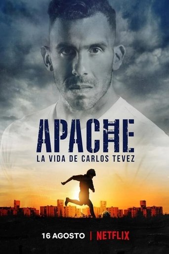 The poster features a close-up of Carlos Tevez against a dramatic sky, with the title "APACHE" prominently displayed. Below, a silhouette of a man running captures the intensity of the sport. The sunset backdrop adds a sense of motion and energy, while the Netflix logo indicates the streaming pla...