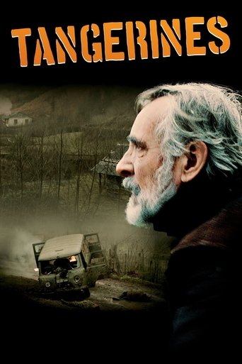 The poster features a weathered man with gray hair and beard, gazing thoughtfully toward the left. The title "TANGERINES" is prominently displayed in bold, orange letters at the top. The background depicts a desolate, foggy landscape with a vintage car in the distance, evoking a somber, melanchol...