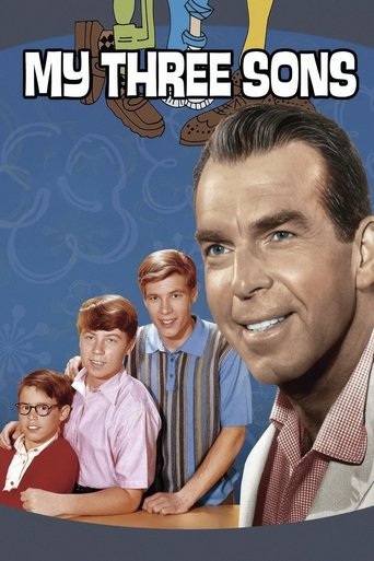 This TV show poster features a smiling man in the foreground, with three children in the background against a blue backdrop. The warm colors and cheerful expressions convey a nostalgic and family-oriented mood.