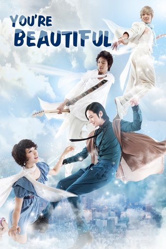 This vibrant TV poster features four characters in flowing white and blue dresses, soaring through a dreamy sky filled with soft clouds. The dynamic poses and ethereal lighting convey a sense of wonder and magic, evoking a magical fantasy atmosphere that captures the essence of the show.
