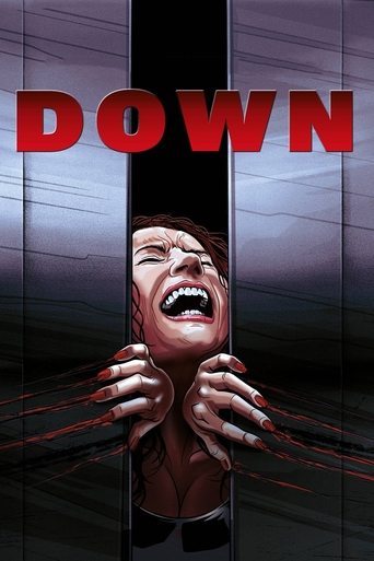 The poster features a man screaming in terror as he peers through a dark vertical window, with red blood dripping from his fingers. The ominous red title "DOWN" dominates the top, creating a chilling atmosphere that hints at a horror thriller.