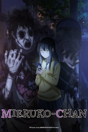 The poster features a young girl with dark hair and a yellow sweater holding a phone, surrounded by eerie, shadowy figures in a dimly lit, spooky setting. The dark blue and purple tones create a mysterious and unsettling atmosphere, while the title "Mieruko-chan" is prominently displayed in bold,...
