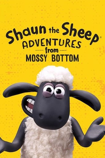 The poster features Shaun the Sheep, a cheerful black sheep with white wool, against a vibrant yellow background. The playful font and cartoonish design evoke a lighthearted, fun atmosphere.