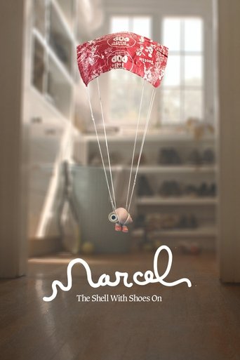 A whimsical scene features a small character in a pink and white patterned parachute, floating above a cozy, softly lit room filled with shelves of books. The warm, inviting atmosphere evokes a sense of adventure and wonder, capturing the playful spirit of the film.