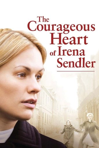 The poster features a close-up of Irena Sendler with a serious expression, set against a sepia-toned background of historical figures. The muted tones and historical imagery evoke a somber yet determined mood, highlighting her role as a courageous activist.