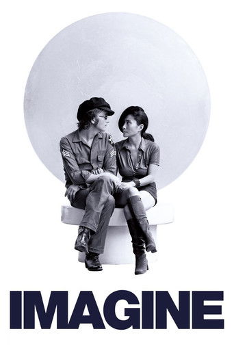 A black-and-white movie poster for "Imagine" features two characters sitting on a white bench against a large circular backdrop. The mood is contemplative and intimate, with the bold "IMAGINE" text at the bottom emphasizing the film's title.