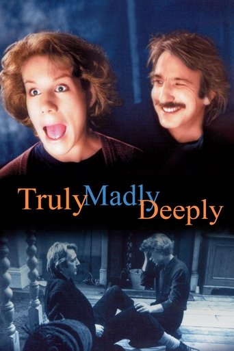 The poster features two characters with expressive faces, one with wide eyes and the other with a cheerful smile. The background is dark with a blueish tint, creating a mysterious atmosphere. The title "Truly Madly Deeply" is prominently displayed in orange text.