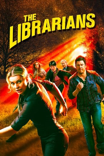 The poster features a dynamic scene with four characters running toward the viewer, set against a dramatic sunset. The fiery orange and red hues create a sense of urgency and danger, while the bold yellow title "The Librarians" anchors the composition.