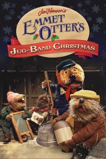 Emmet Otter's Jug-Band Christmas poster features three animated puppets in a cozy winter scene. The warm brown tones of the puppets contrast with the deep blue starry background, creating a festive atmosphere. The puppets are dressed in colorful winter clothing, including a red scarf and a blue h...