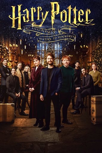 The poster features a group of Harry Potter characters in a magical, festive setting with warm lighting and twinkling lights. The dark blue background contrasts with the golden text, creating a nostalgic and celebratory atmosphere.