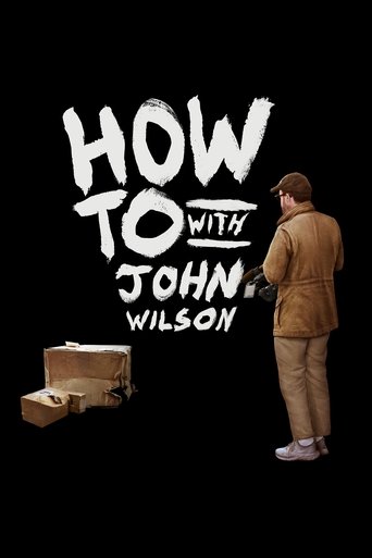 The poster features a man in a brown suit standing against a stark black background, facing away from the viewer. The title "HOW TO WITH JOHN WILSON" is prominently displayed in bold, white, distressed lettering. A cardboard box sits to the left, adding a sense of mystery and readiness. The overa...