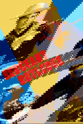 This movie poster features a cowboy hero in a yellow hat and blue uniform, holding a gun against a vibrant yellow background. Below him, three other characters—a man in a cowboy hat, a woman in a white dress, and a child—are depicted in a dramatic pose. The poster uses bold red text to emphasize ...