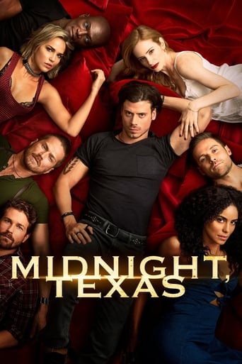 The poster features a dramatic group of characters in a red, romantic pose, with warm lighting and a sense of intimacy. The title "Midnight, Texas" is prominently displayed in bold, golden letters, evoking a mysterious and dramatic atmosphere.