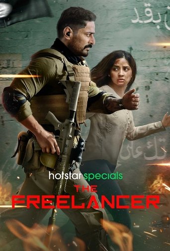 The poster features a rugged man in military gear holding a rifle, with a woman in a white outfit standing beside him. The colors are muted earth tones, blending with the fiery orange flames at the bottom. The mood is intense and gritty, suggesting a high-stakes action drama.