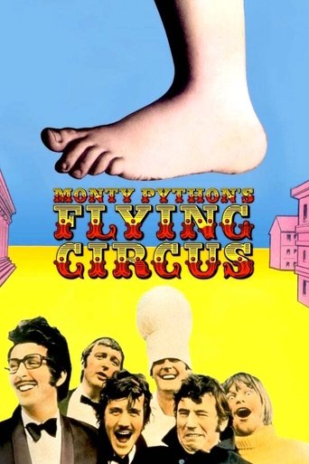 The poster features Monty Python's iconic characters in a vibrant yellow background, with a bare foot at the top and a pink building on the right. The mood is playful and humorous, capturing the essence of the troupe's comedic style.