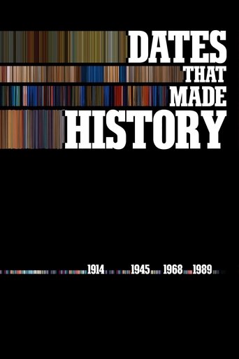 The poster features a grid of colorful vertical stripes representing different historical eras, with bold white text reading "DATES THAT MADE HISTORY." The dark background contrasts sharply with the vibrant colors, creating a striking visual impact. The overall mood is one of historical depth and...