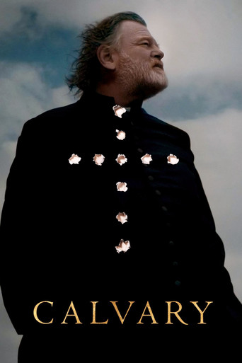A rugged man in a dark coat stands against a cloudy sky, his expression solemn and contemplative. The poster uses a muted color palette with the word "CALVARY" prominently displayed at the bottom, evoking a sense of mystery and historical drama.