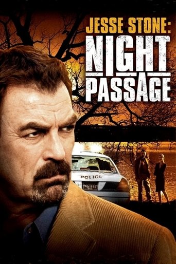 The poster features a close-up of Jesse Stone's intense expression against a dark, ominous background. A police car is visible in the distance, with two figures standing near it, suggesting a tense investigation. The muted tones and shadowy atmosphere convey a sense of mystery and suspense.