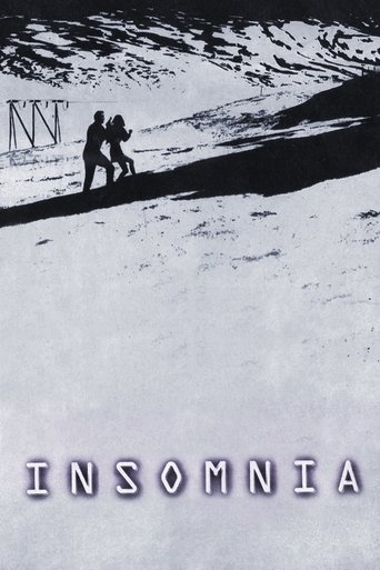 A haunting black-and-white poster captures two figures walking through a snow-covered landscape, evoking a sense of isolation and unease. The stark contrast between the dark silhouettes and the bright snow enhances the eerie mood, while the title "INSOMNIA" at the bottom reinforces the film's the...