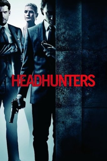 The poster features two men in suits holding guns against a dark, gritty background. The red title "HEADHUNTERS" stands out prominently, evoking a sense of danger and intrigue.