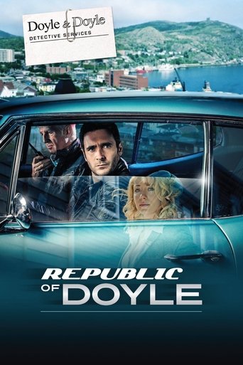 The poster features a man and woman in a vintage car, with the title "Republic of Doyle" prominently displayed. The background shows a scenic coastal landscape with hills and buildings, suggesting a romantic or adventurous setting. The overall mood is nostalgic and inviting, capturing the essence...