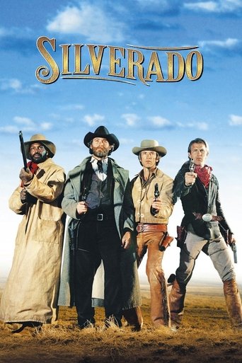 The poster features four rugged Western characters in period clothing against a bright blue sky. The golden title "Silverado" glows above them, evoking a sense of adventure and drama. The earthy tones of the landscape contrast with the vibrant colors of their outfits, creating a visually striking...
